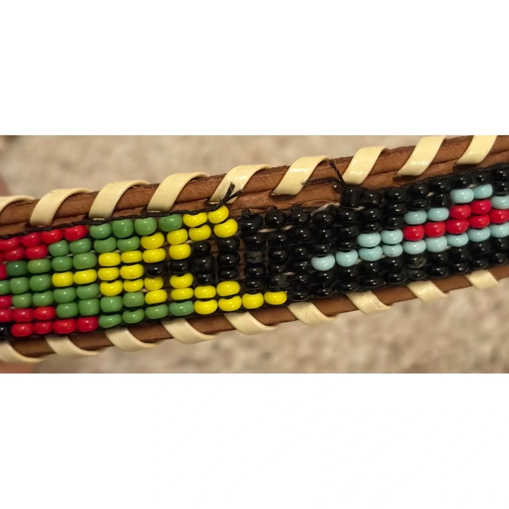 Vintage Native American Tourist Souvenir Beaded Leather Belt Size 28